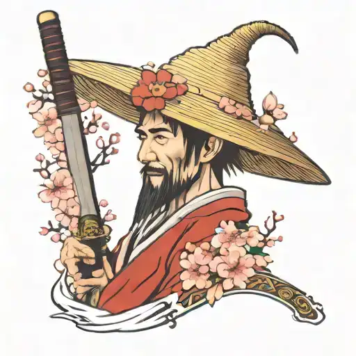 Straw Hat Ronin With Sword And Cherry Blossom Tree
