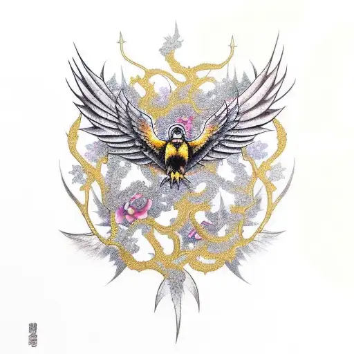 Raven Bound In Thorns And Vines Clad In Golden Feathers And Wings Like An Angel