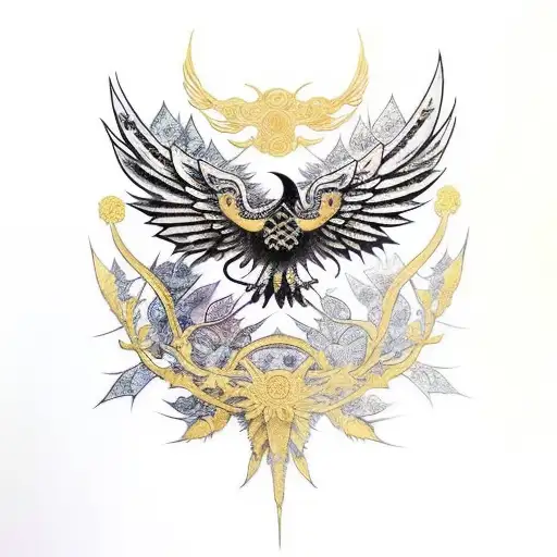 Raven Bound In Thorns And Vines Clad In Golden Feathers And Wings Like An Angel