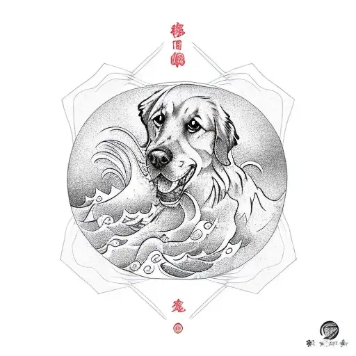 Golden Retriever Inside Triangle With Water Waves