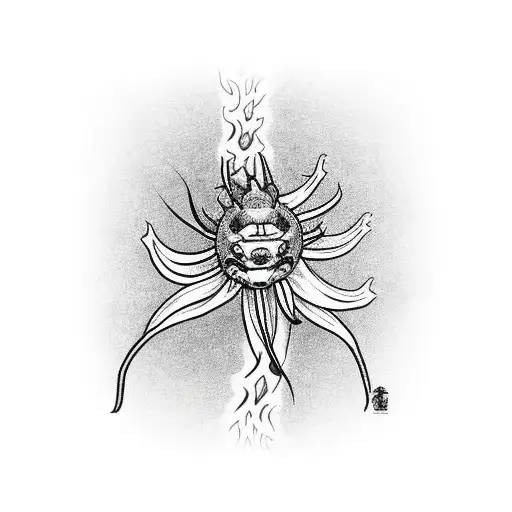 Japanese Red Spider Lilly Flower With A Sun Dragon Around A Forearm Black And White