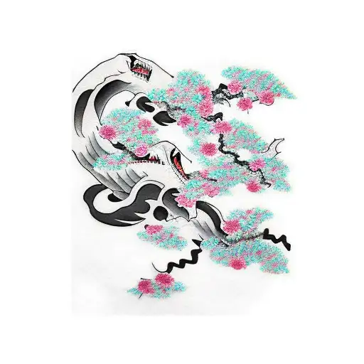 Japanese Waves Shark Cherry Blossom Tree