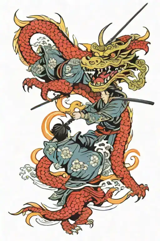 Samurai Battle With Dragon In The Background