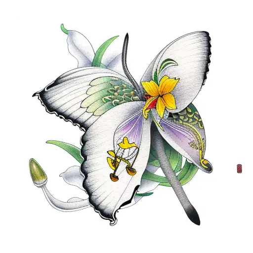 Papilio Palinurus With Lily Of The Valley Flower And Daffodils