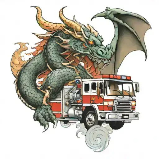 Firetruck Being Held By A Dragon With Valcano
