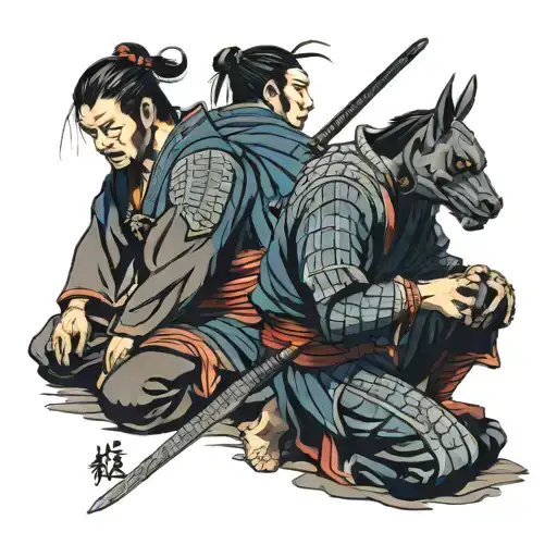 Samurai And Knight Kneeling