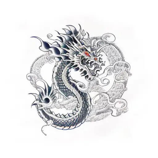 Japanese Dragon With Samurai And Wave