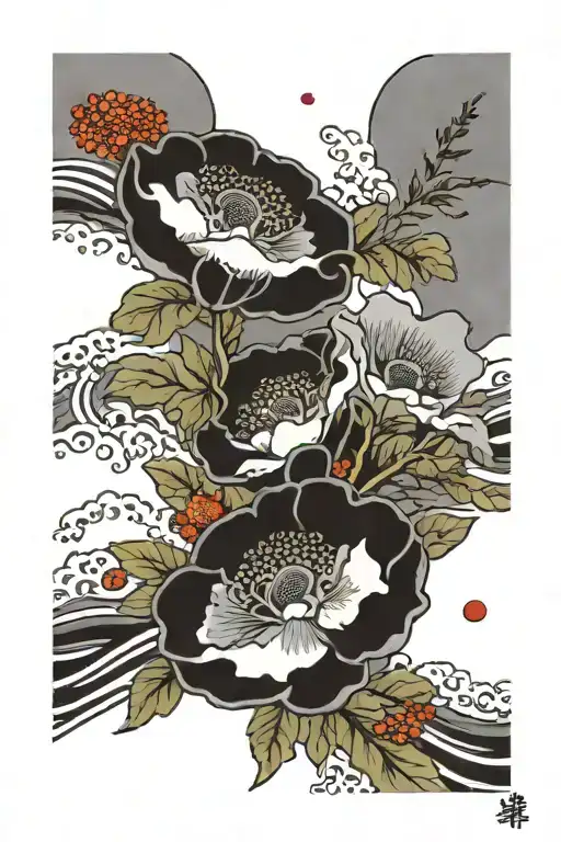 Poppys With Wind And Wave Background Black And Grey