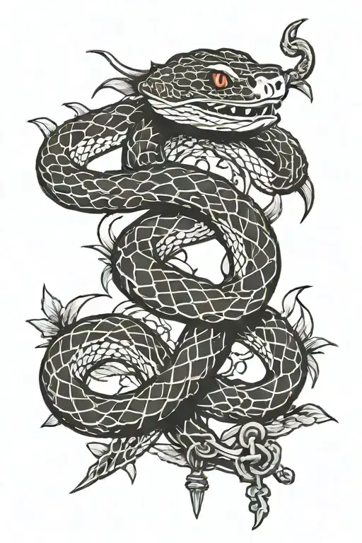 Snake Around Sword With Chains In Forest