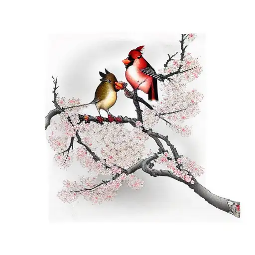 Cherry Blossom With 2 Cardinal Birds