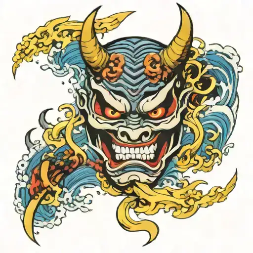 Oni Demon Mask Broken By A Katana In The Waves