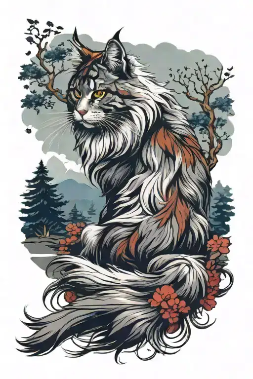 A White A Red A Grey And A Dark Brown Maine Coon In Forest