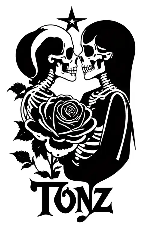 The Word 'Tonz' 2 Skeletons Kissing And Star Transforming Into A Rose