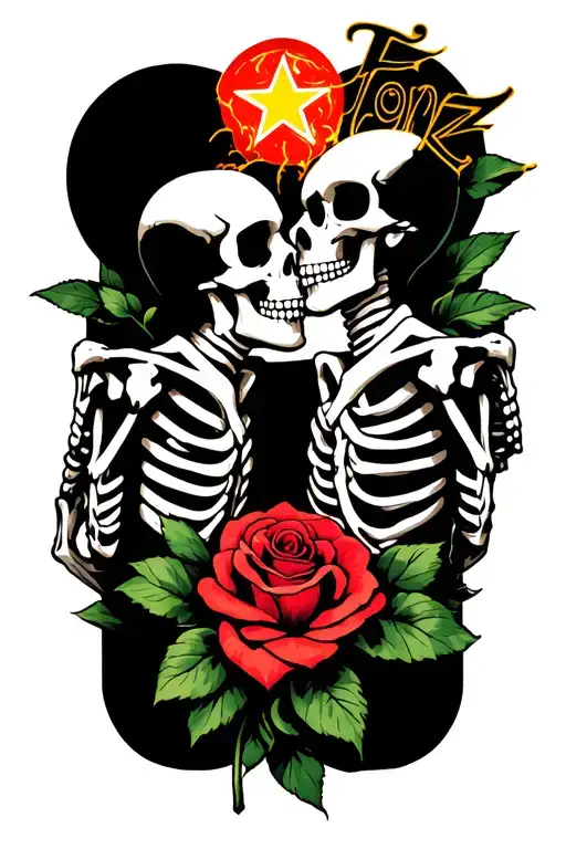 The Word 'Tonz' 2 Skeletons Kissing And Star Transforming Into A Rose