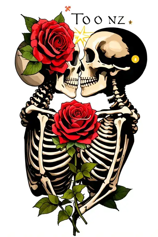 The Word 'Tonz' 2 Skeletons Kissing And Star Transforming Into A Rose