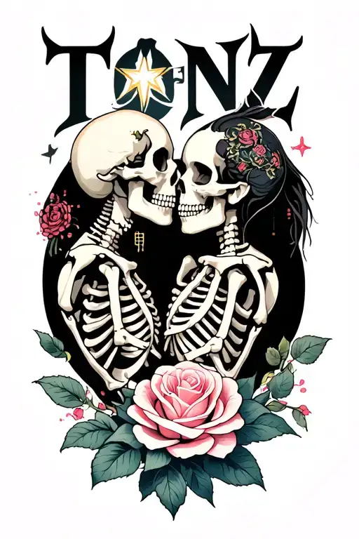 The Word 'Tonz' 2 Skeletons Kissing And Star Transforming Into A Rose