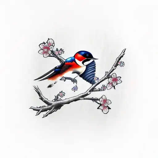 Swallow Bird Flying Off Of A Cherry Blossom Branch