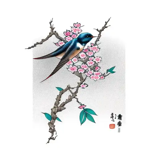 Swallow Bird Flying Off Of A Cherry Blossom Branch