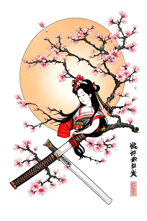Japanese Themed Tatto With Blossom Tree And Katana