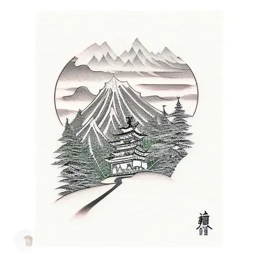 Forearm Tattoo Of A Mountain With Road Leading To A Church