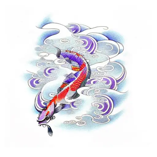 Make Me A Koi Fish With Red Color And Purple Flowers In Waves