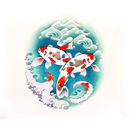 Koi Fish In A Wave With Japanese Flowers