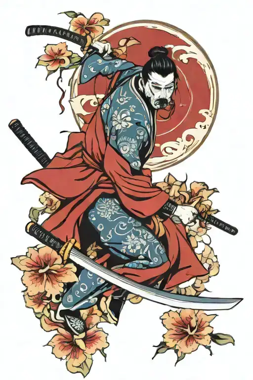 A Samurai With Katana With Blue Orchids In The Foreground And A Ying Yang In The Background