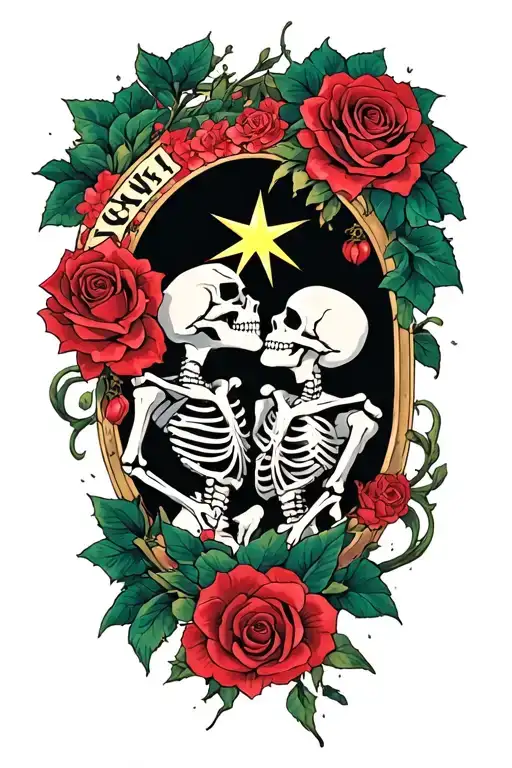 The Word 'Tonz' 2 Skeletons Kissing And Star Transforming Into A Rose