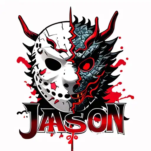 Broken Friday The 13Th Mask With Japanese Dragon The Word 'Jason' And The Number 13