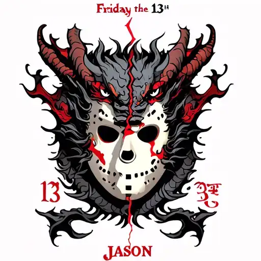 Broken Friday The 13Th Mask With Japanese Dragon The Word 'Jason' And The Number 13