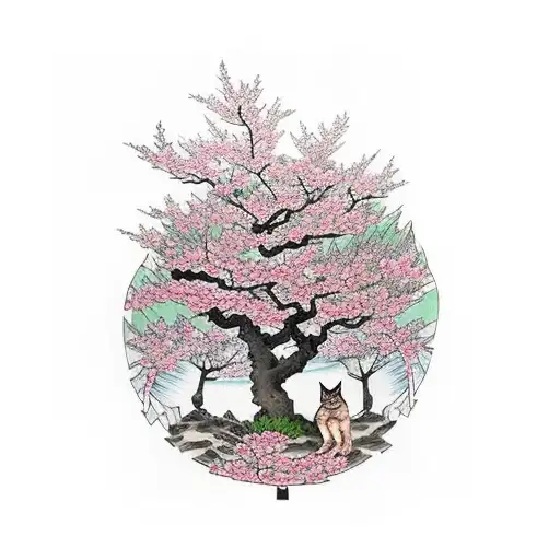 A Sleeve Of 2 Walking Cats Around A Big Cherry Blossom Tree That Has It's Leaves Falling