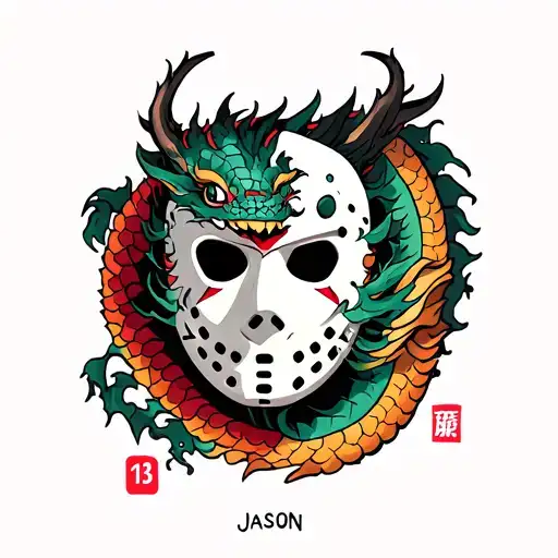 Broken Friday The 13Th Mask With Japanese Dragon The Word 'Jason' And The Number 13