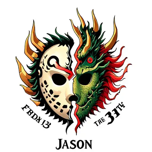 Half Of A Broken Friday The 13Th Mask With Japanese Dragon The Word 'Jason' And The Number 13