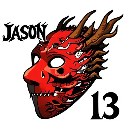 Half Of A Broken Friday The 13Th Mask With Japanese Dragon The Word 'Jason' And The Number 13