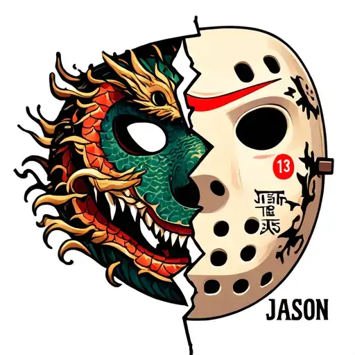 Half Of A Broken Friday The 13Th Mask With Japanese Dragon The Word 'Jason' And The Number 13