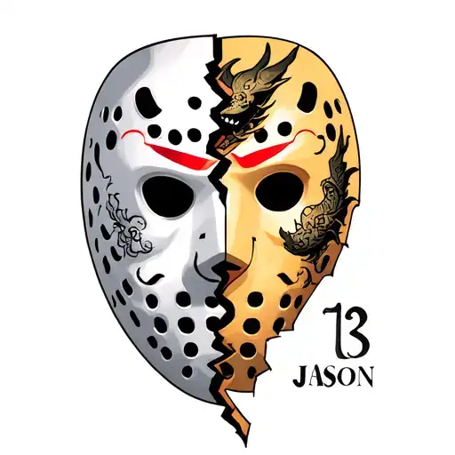 Half Of A Broken Friday The 13Th Mask With Japanese Dragon The Word 'Jason' And The Number 13