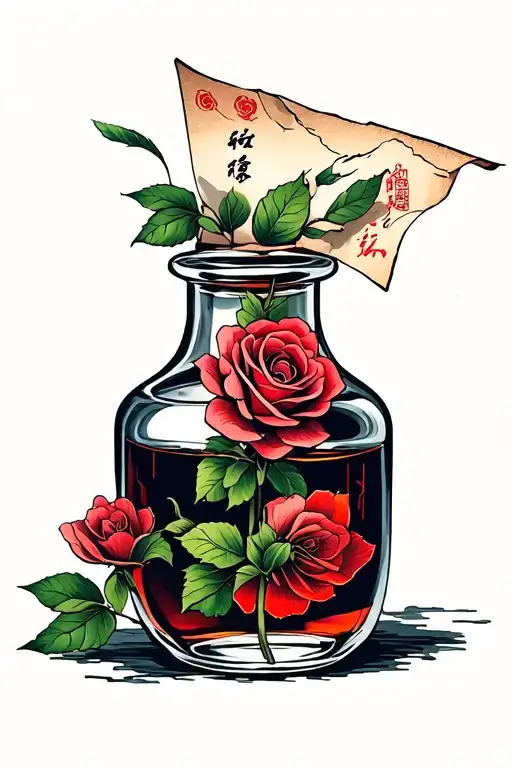 Bottle With Liquid And A Rose Inside And A Piece Of Paper That Comes Out From The Neck Of The Bottle