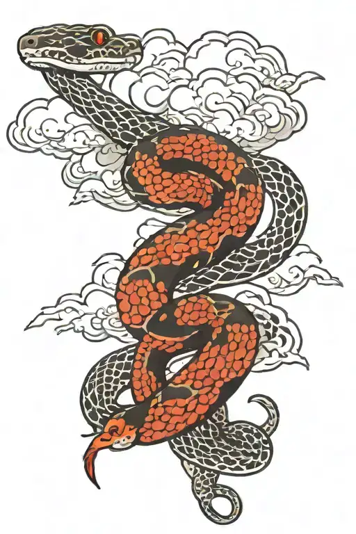 A Snake Intertwined With A Bird With Clouds Around It
