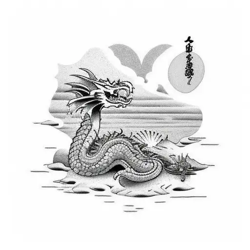 Scene Of A Beach With A Dragon Lying Down On The Right And An Indian Lying Down On The Left