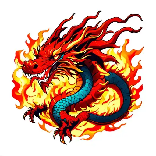 Red Dragon In Fire Flames