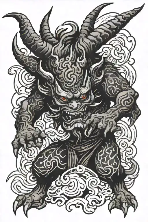 Black And White Samuir Demon Tattoo With Little Detailing
