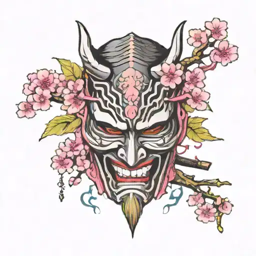 Japanese Samurai Mask Broken With A Pink Sakura Tree