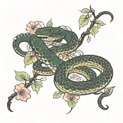 Snake With Morning Glory Vine And Flowers