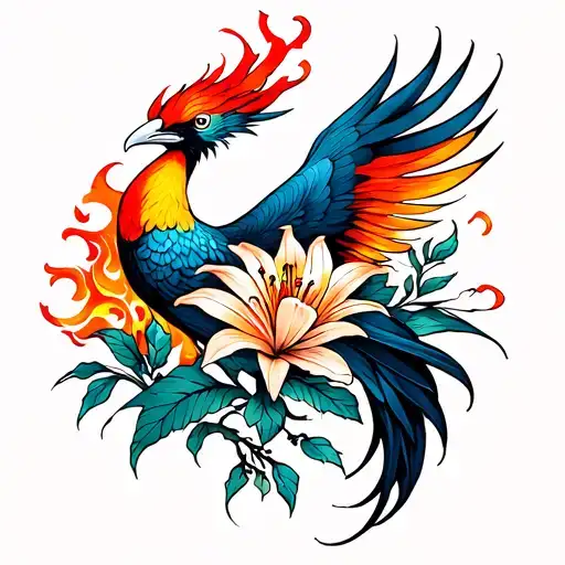Lily Flower With A Pheonix Fire Bird Long Tatto