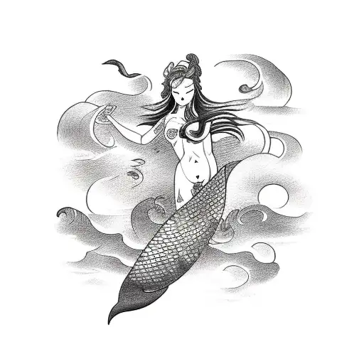 Ship In A Storm With Mermaid On Front Posidon In Background