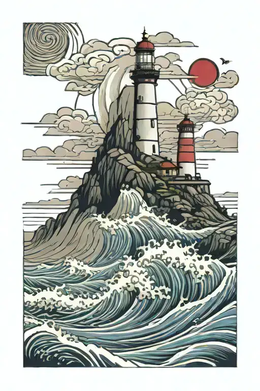 Waves And Lighthouse On Rocks And Stormy Clouds And Sun