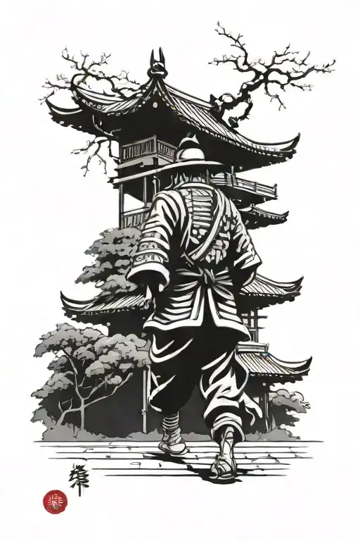 Samurai Walking A Path Towards A Pagoda Temple With Cherry