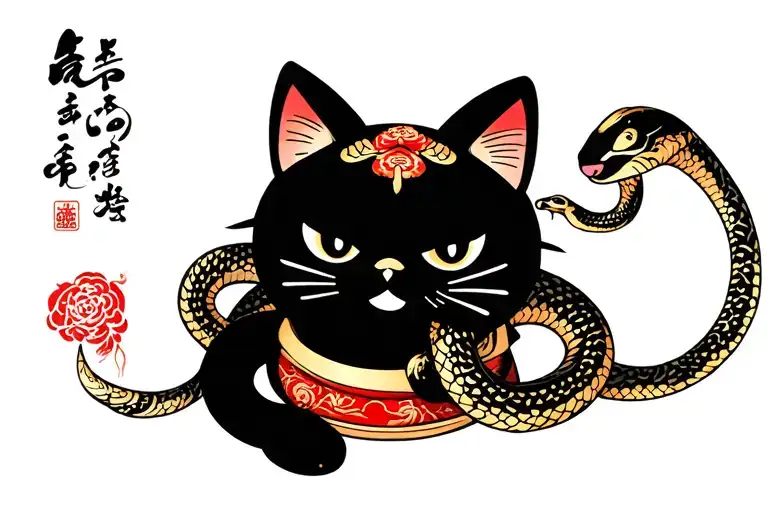 Maneki Neko With Snake Tattoo Tradi Japanese Style