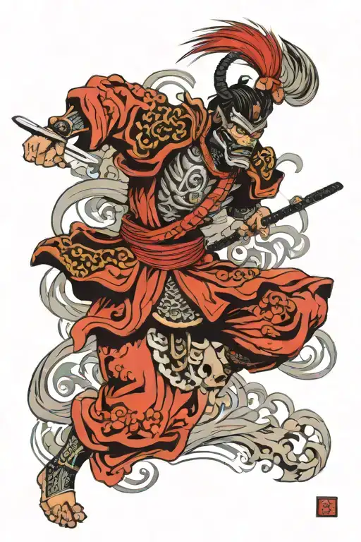 Samurai Warrior Battling Mask Surrounded