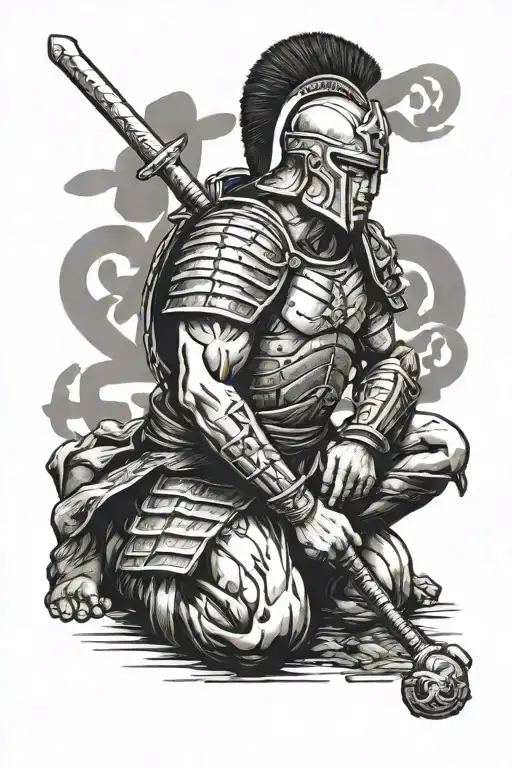 Side Profile Of A Spartan Warrior Kneeling With His Sword In The Ground And A Cross On His Back